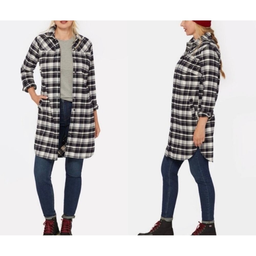 Duluth Trading Co Folklore Flannel Shirt Jacket Black Putty Check Plaid Large